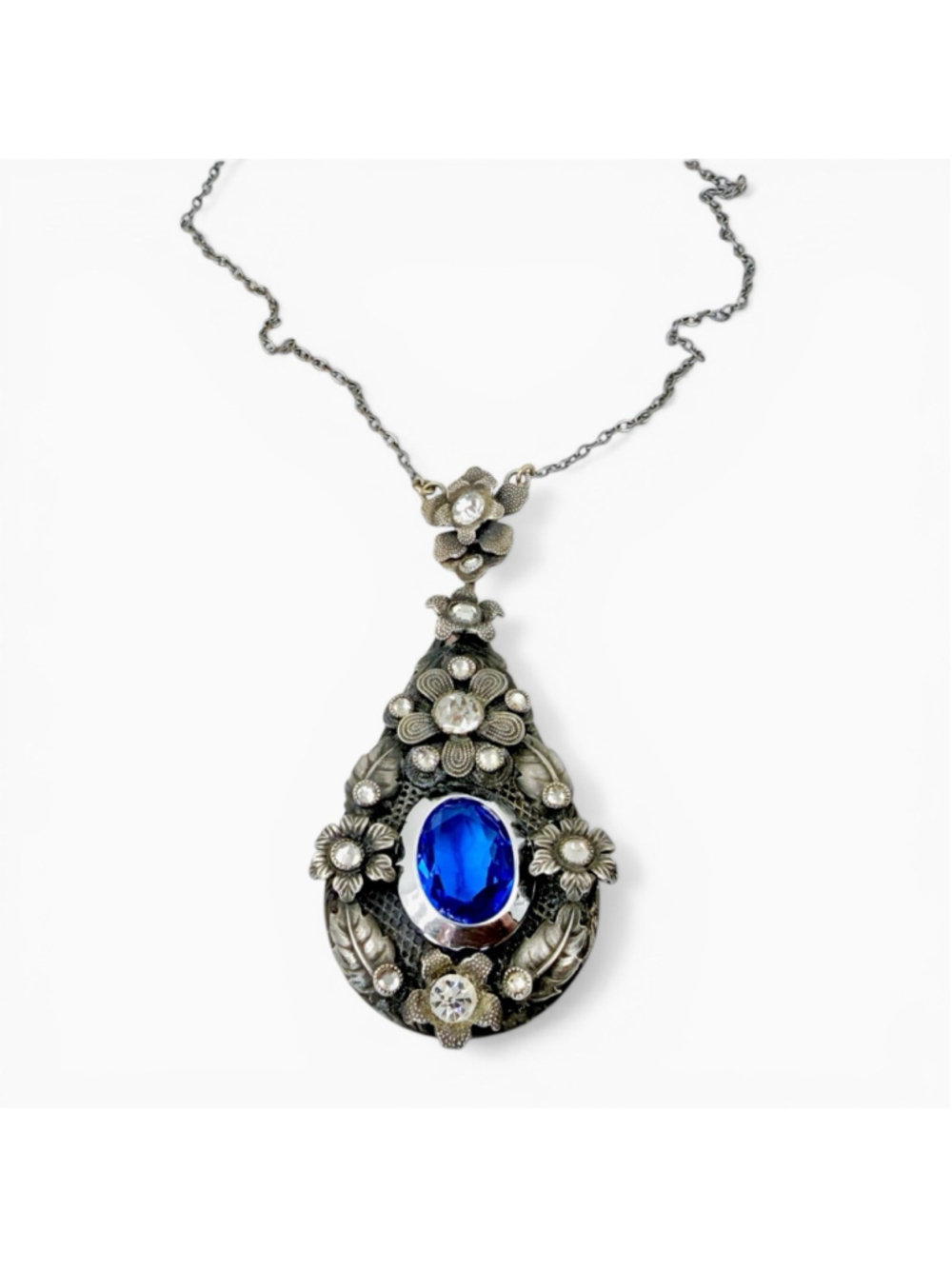 Vintage Czech Art Deco Blue Glass Pendant Necklace, Filigree Floral Rhinestone